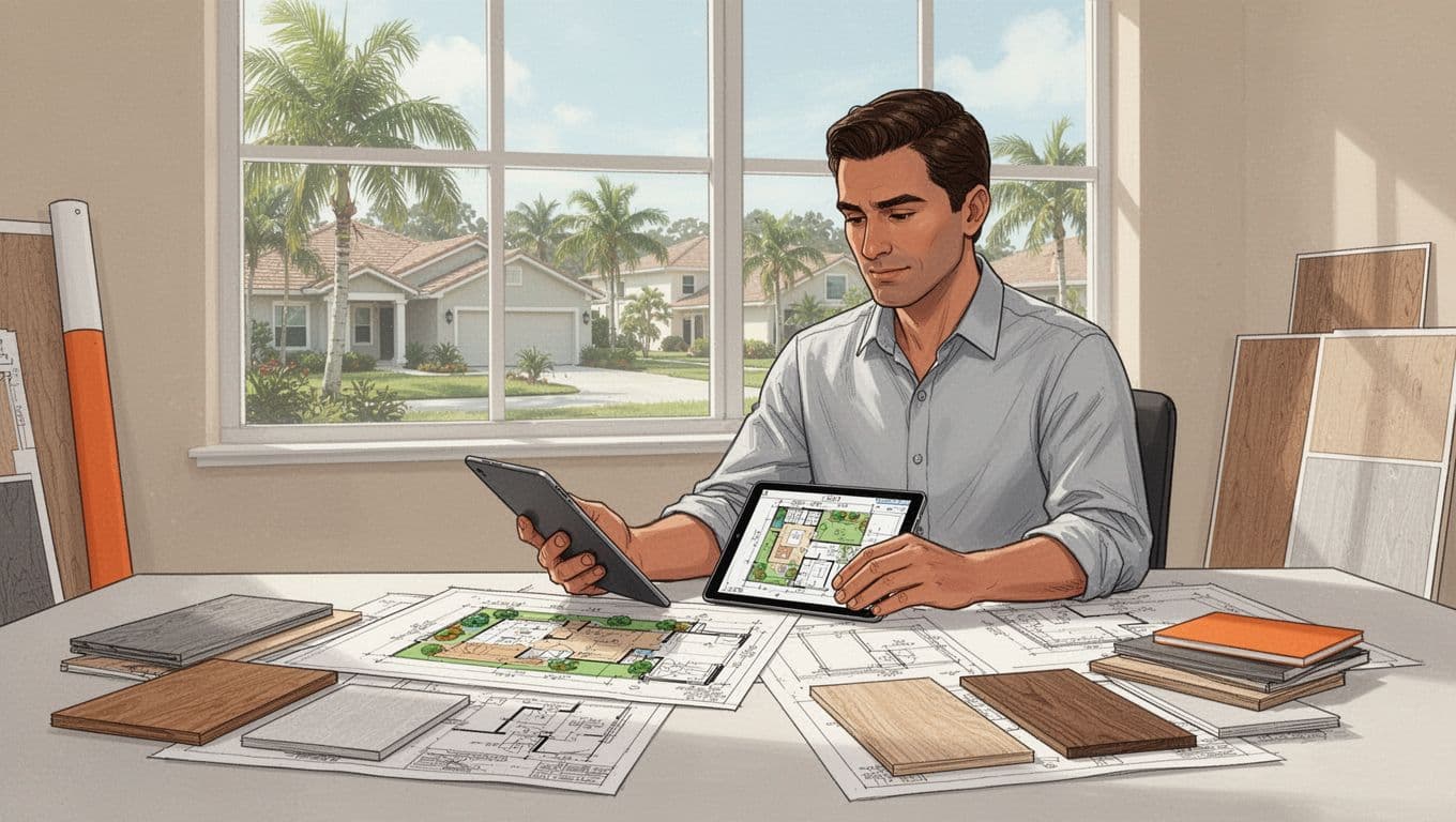One person reviews building plans and material samples beside a tablet.