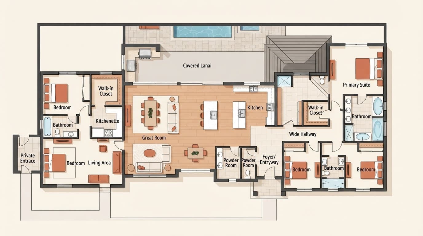 Four-bedroom Florida home layout with shared living space and a covered lanai.