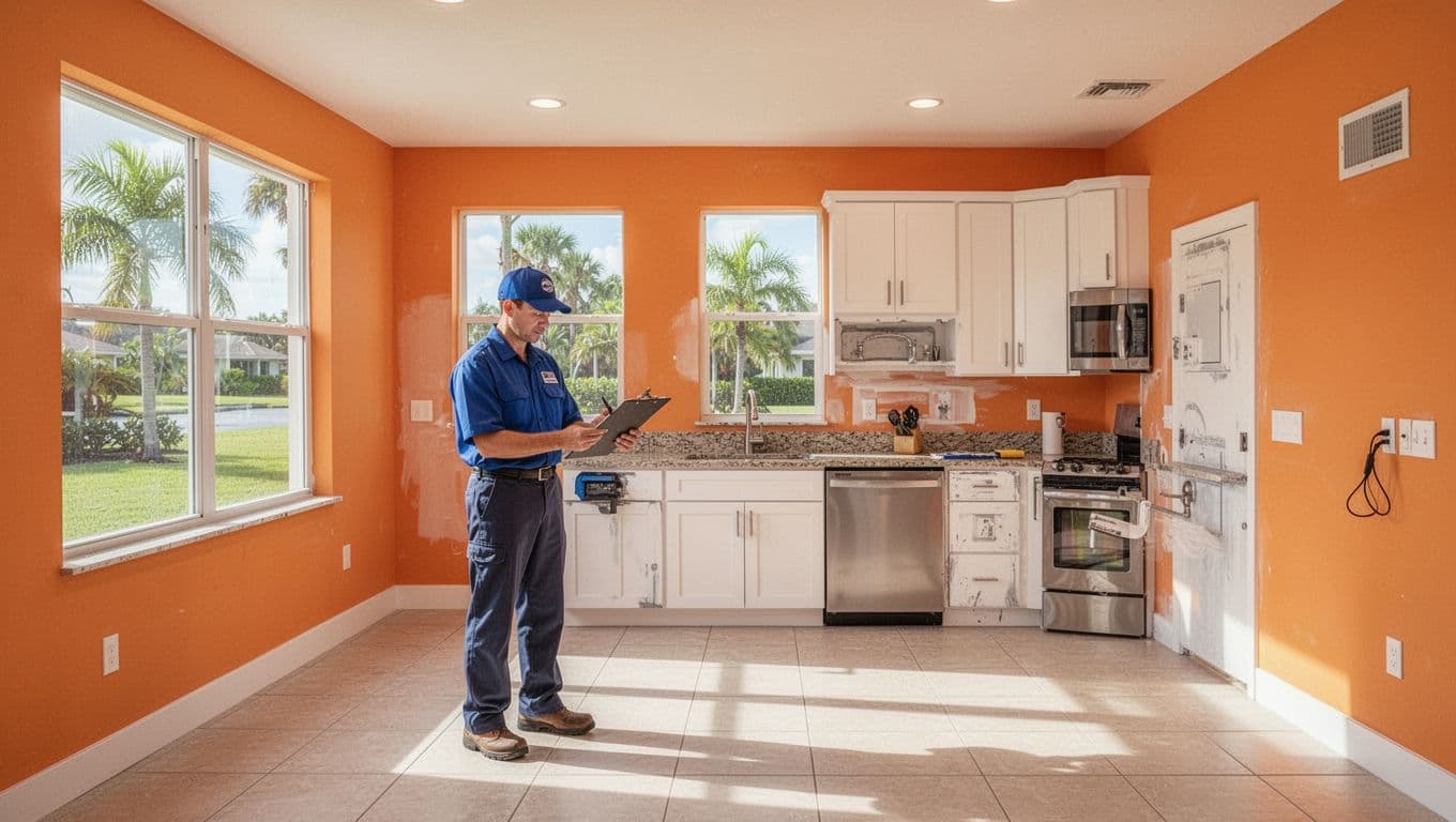 A home inspector checks a bright finished house with a clipboard and visible kitchen fixtures.