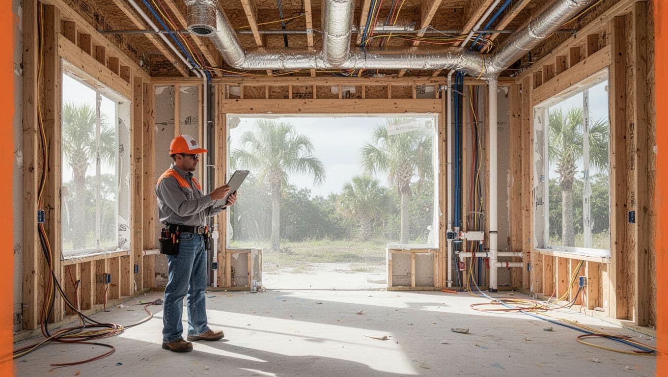 An inspector reviews exposed wiring, pipes, ductwork, and framing inside a bright new home.
