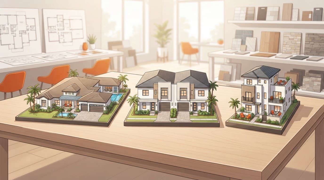 Three Southwest Florida new home models compared as a house, duplex, and attached residence.