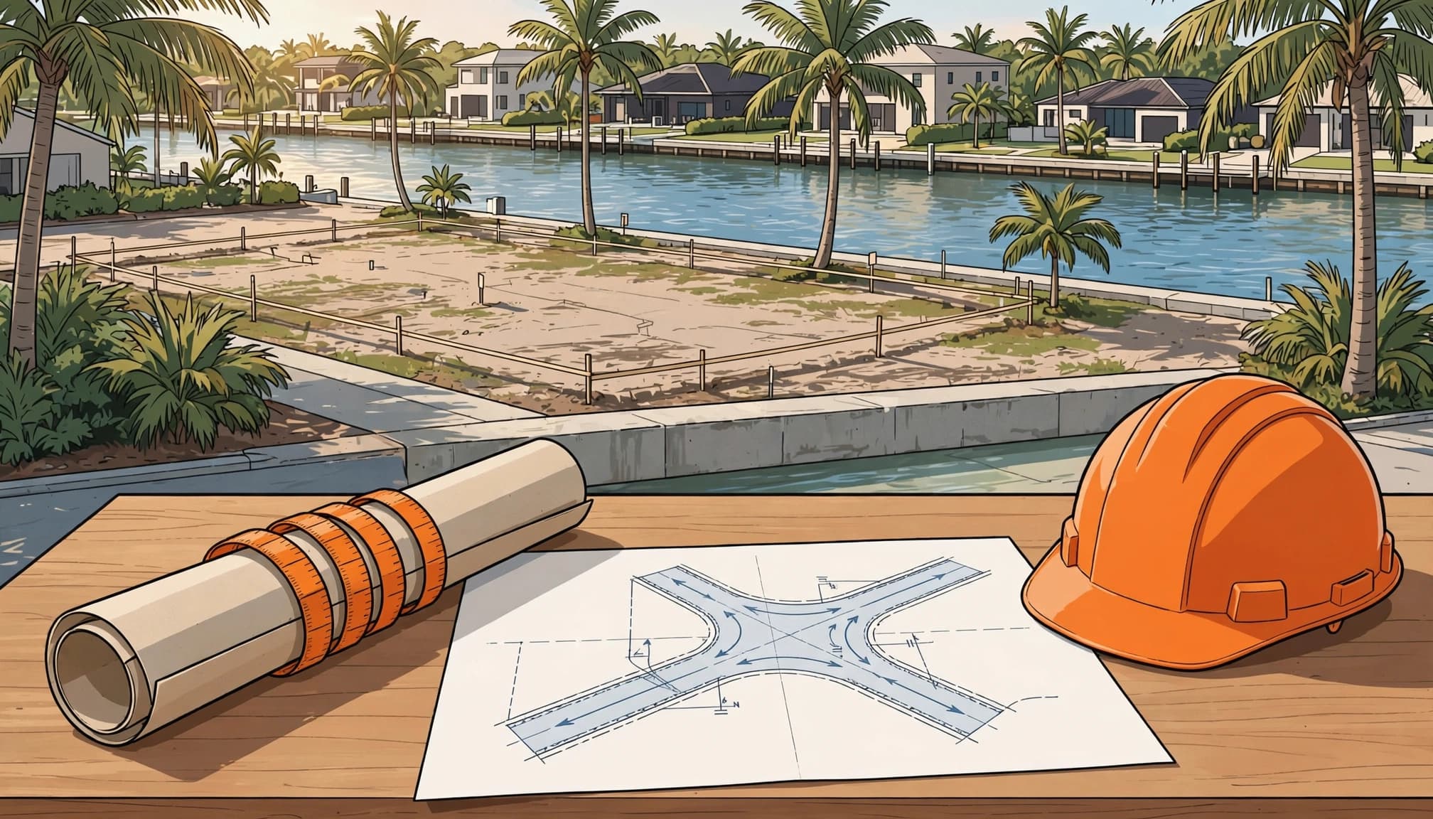 Planning documents and a hard hat sit beside a canal waterfront lot.