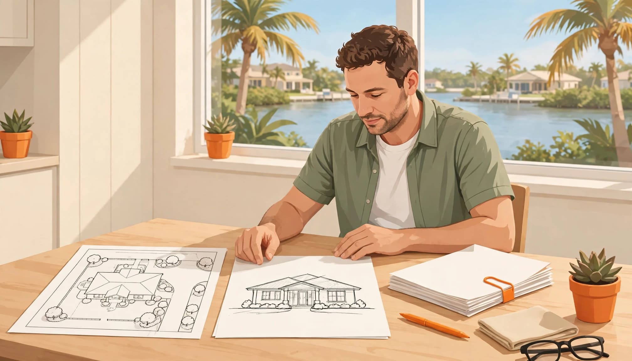 A homeowner reviews permit papers and a site plan at a sunny table.