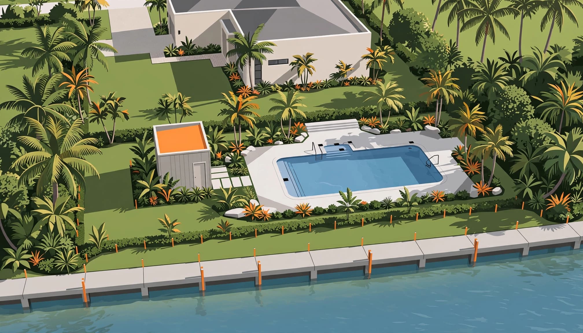Pool and accessory structure beside a canal with a seawall and tropical landscaping.