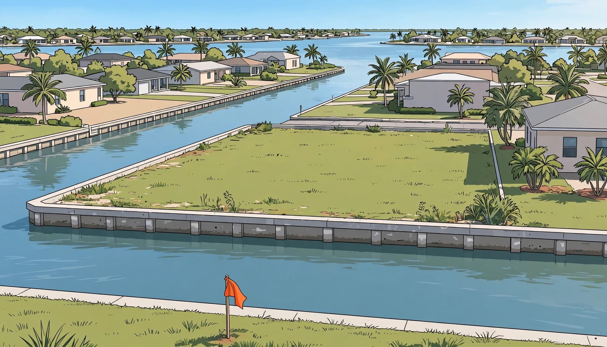 Vacant waterfront lot beside a canal with a concrete shoreline edge and survey stake.