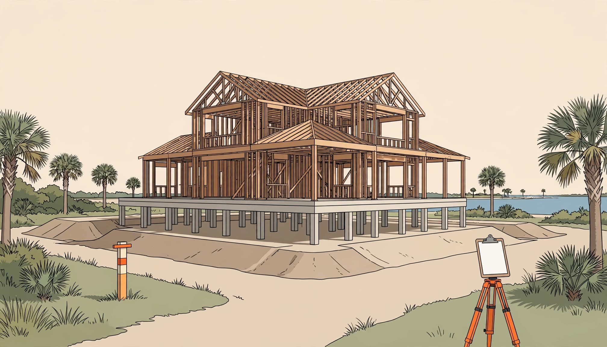 Florida new construction appraisal illustration of a raised coastal home with site grading and survey details.