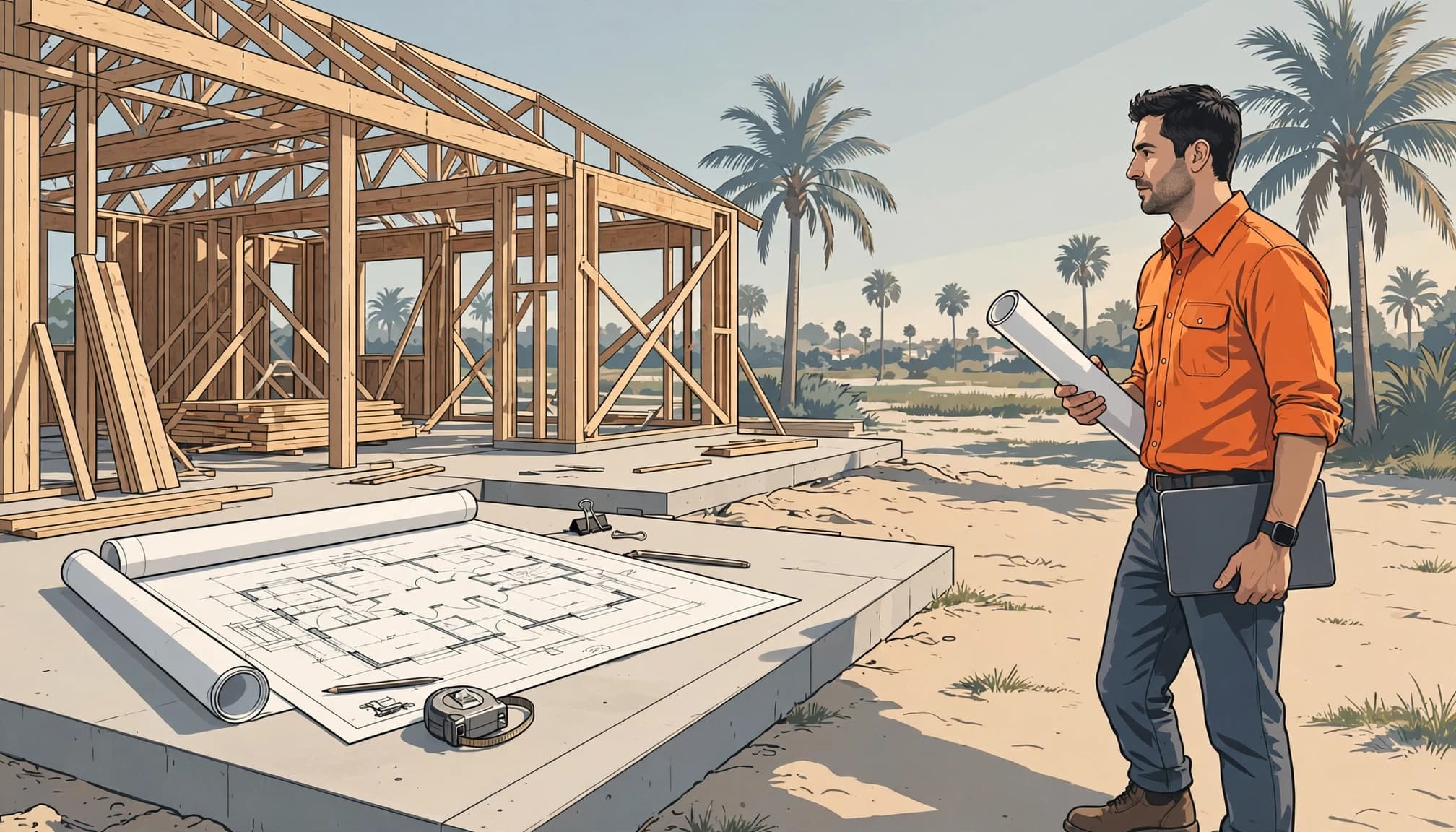 General contractor project manager holding blueprints and a tablet at a home building site.