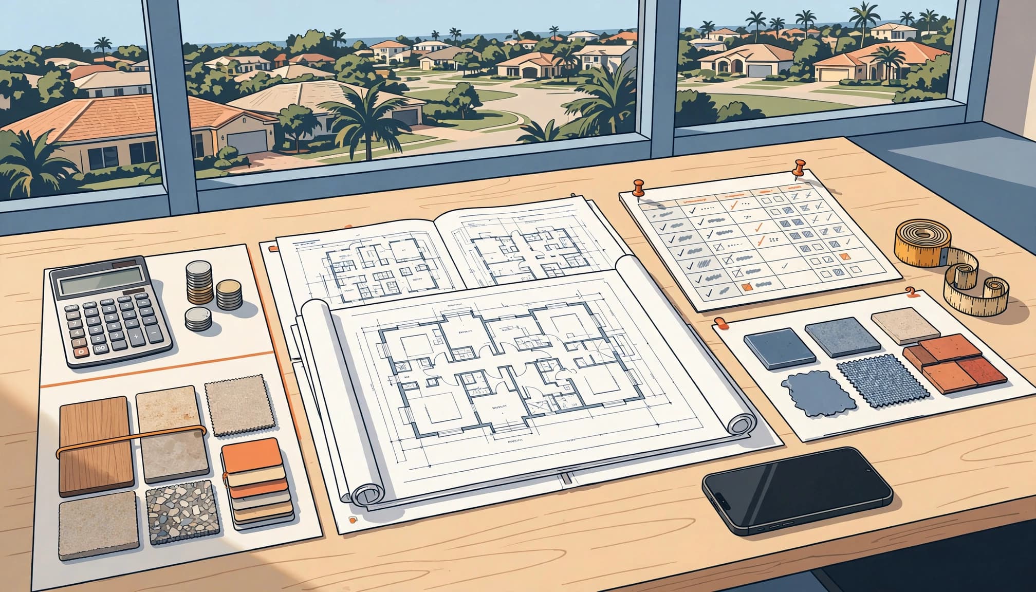 General contractor project manager budget and schedule materials arranged on a planning table.