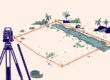 Illustrated Florida lot with orange boundary markers and surveying equipment.