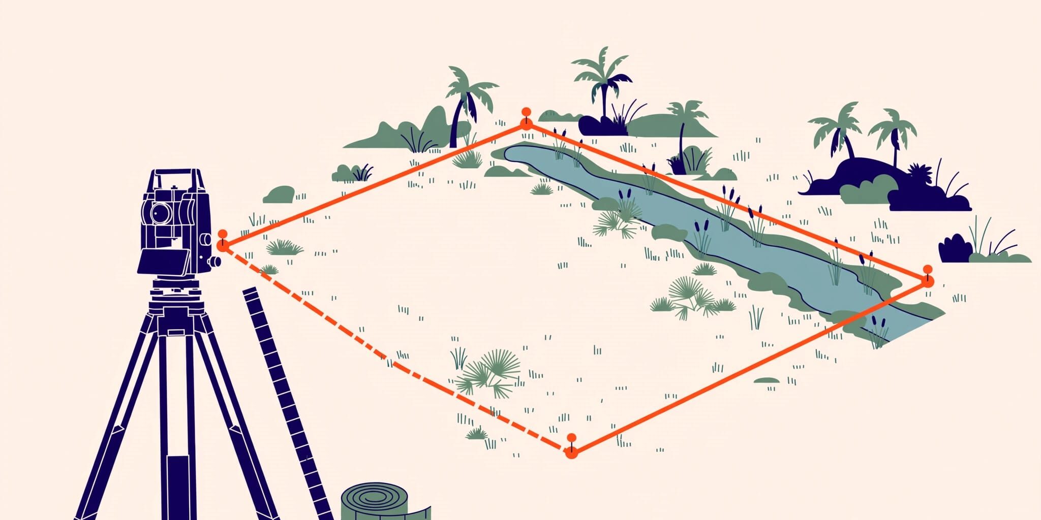 Illustrated Florida lot with orange boundary markers and surveying equipment.