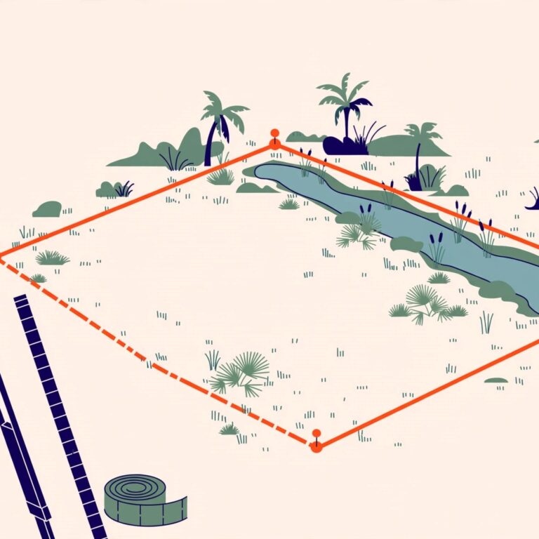 Illustrated Florida lot with orange boundary markers and surveying equipment.