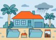 A Florida home stands behind two insurance folders, a small house model, and a savings jar.
