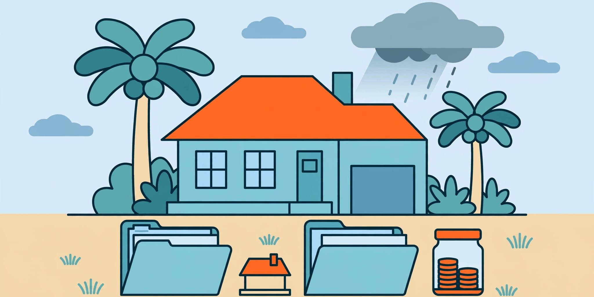 A Florida home stands behind two insurance folders, a small house model, and a savings jar.