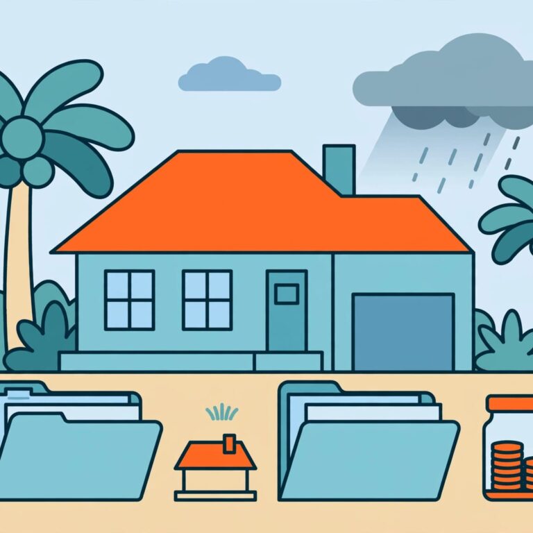 A Florida home stands behind two insurance folders, a small house model, and a savings jar.