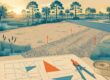 A Florida lot with a gravel driveway, survey stakes, documents, compass, and measuring tape.