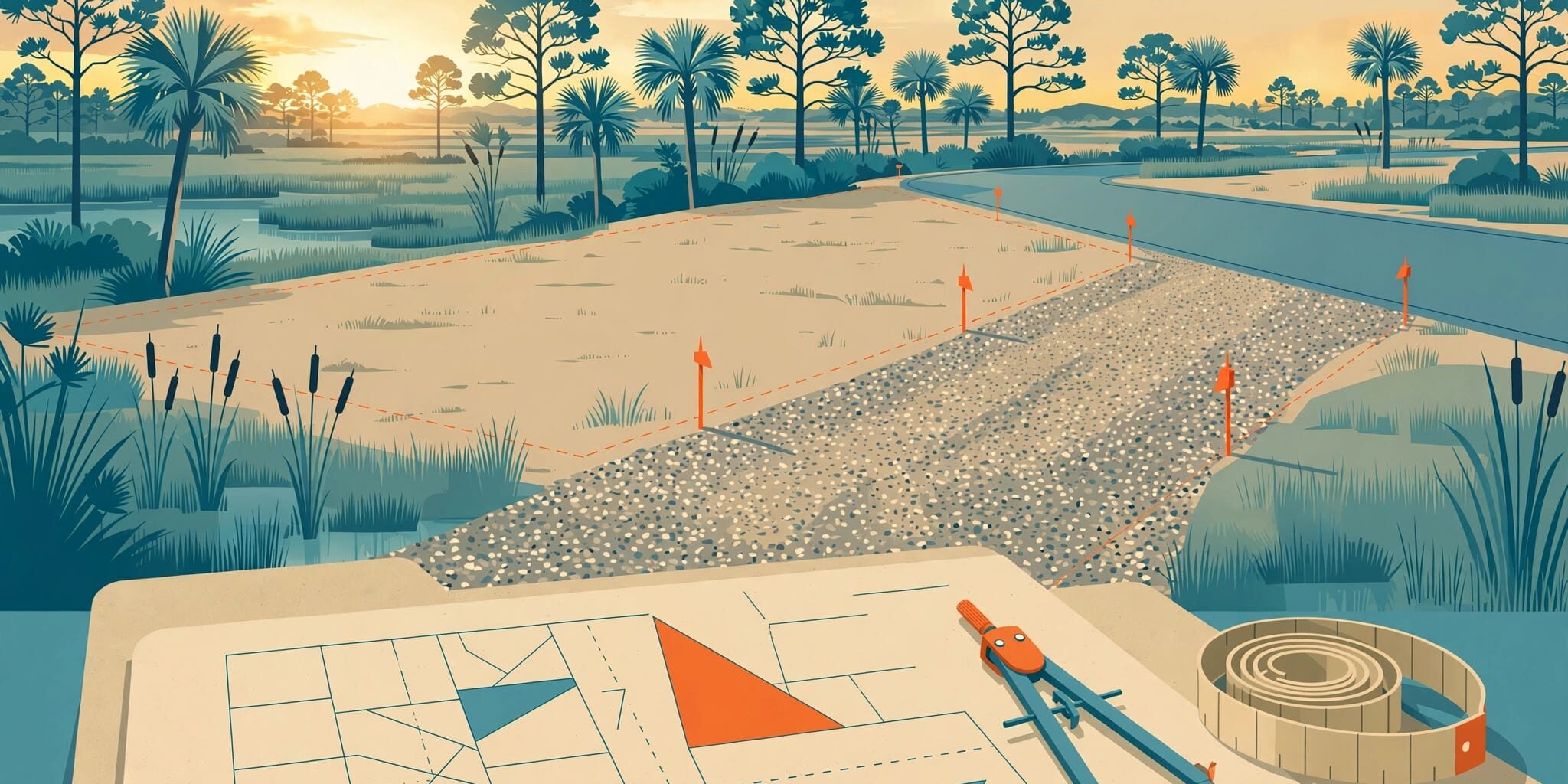 Florida Lot Access A Florida lot with a gravel driveway, survey stakes, documents, compass, and measuring tape.