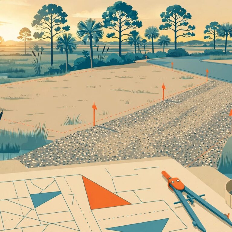 A Florida lot with a gravel driveway, survey stakes, documents, compass, and measuring tape.