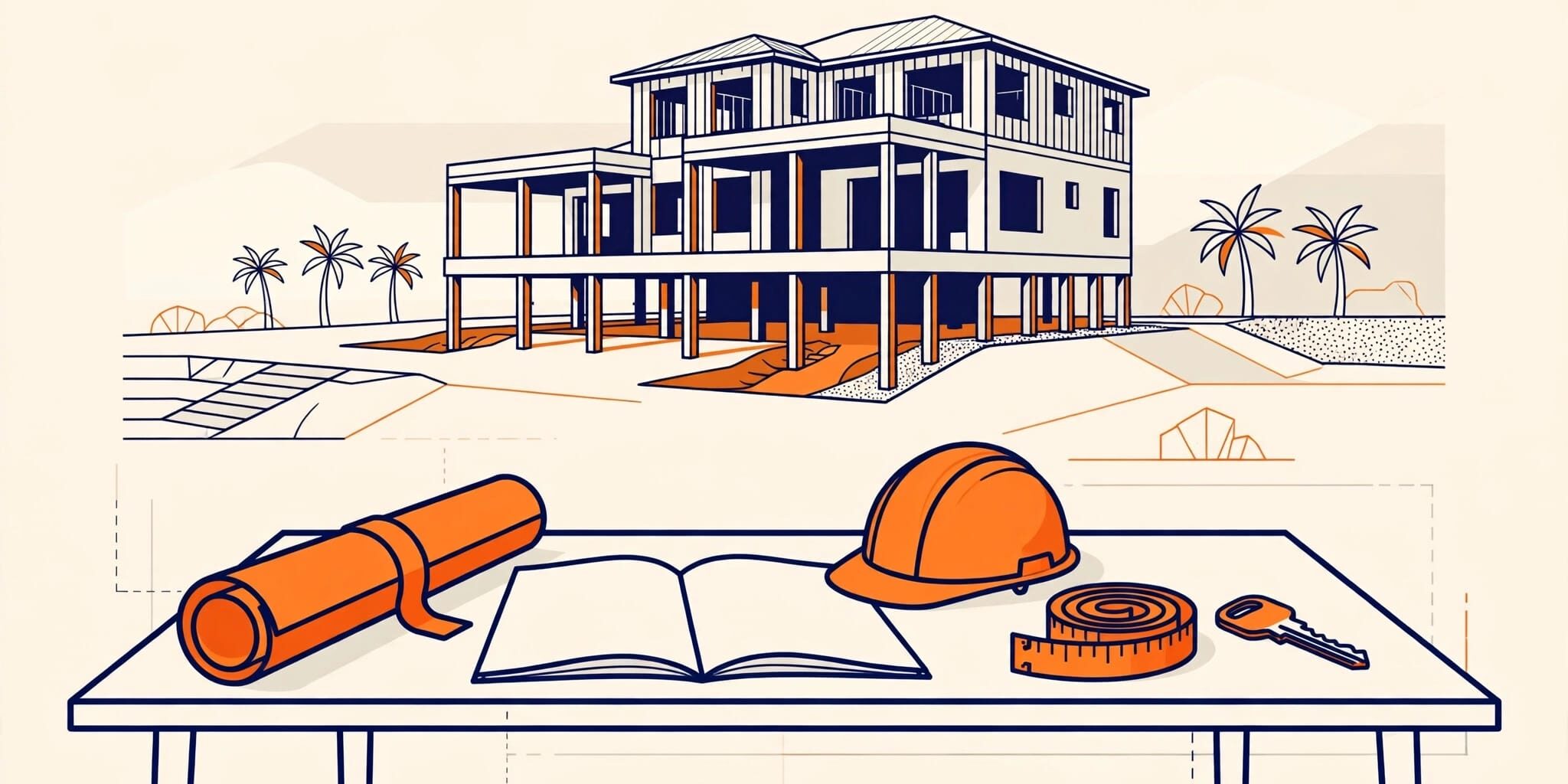 Florida Construction Contract Plans and a blank contract sit beside construction tools near a coastal Florida home.