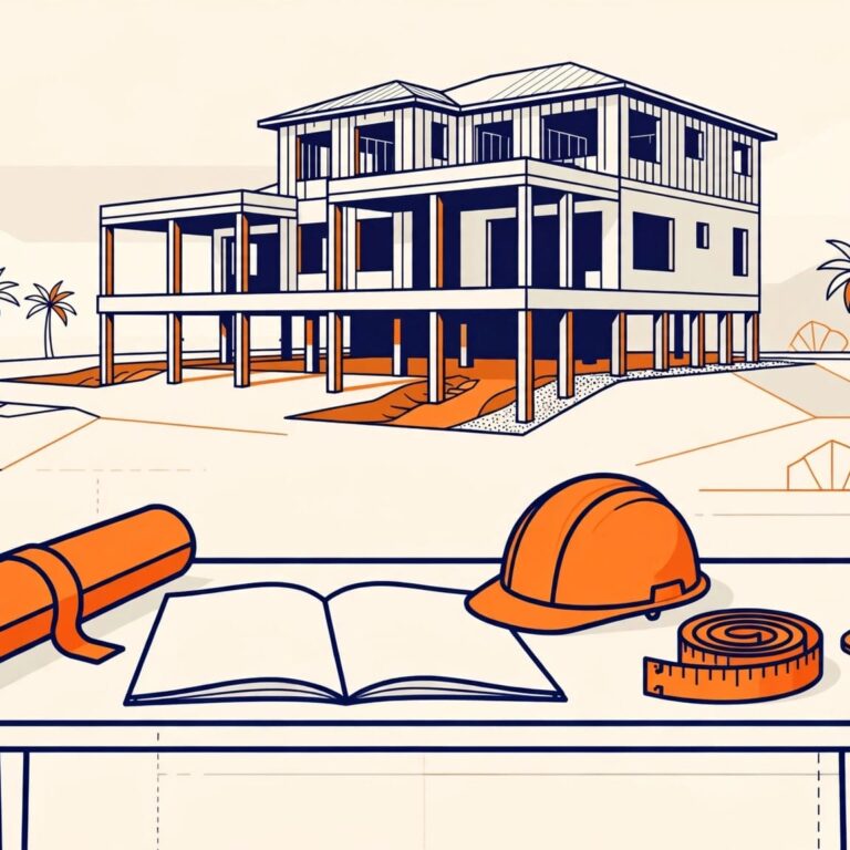 Florida Construction Contract Plans and a blank contract sit beside construction tools near a coastal Florida home.