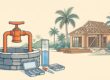 A well, water sample, and testing kit sit near a partly built Florida home.