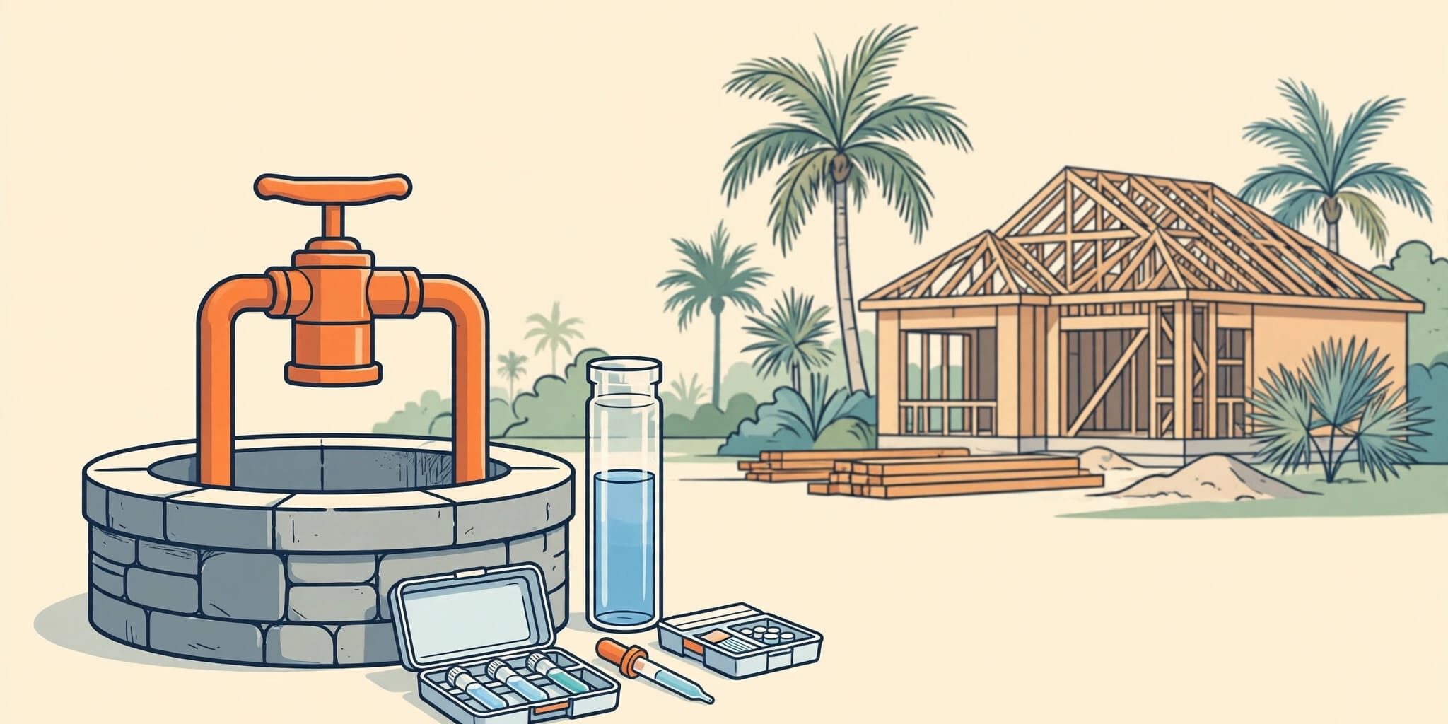 A well, water sample, and testing kit sit near a partly built Florida home.