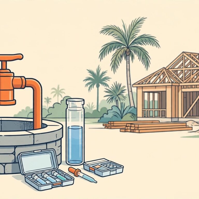 A well, water sample, and testing kit sit near a partly built Florida home.