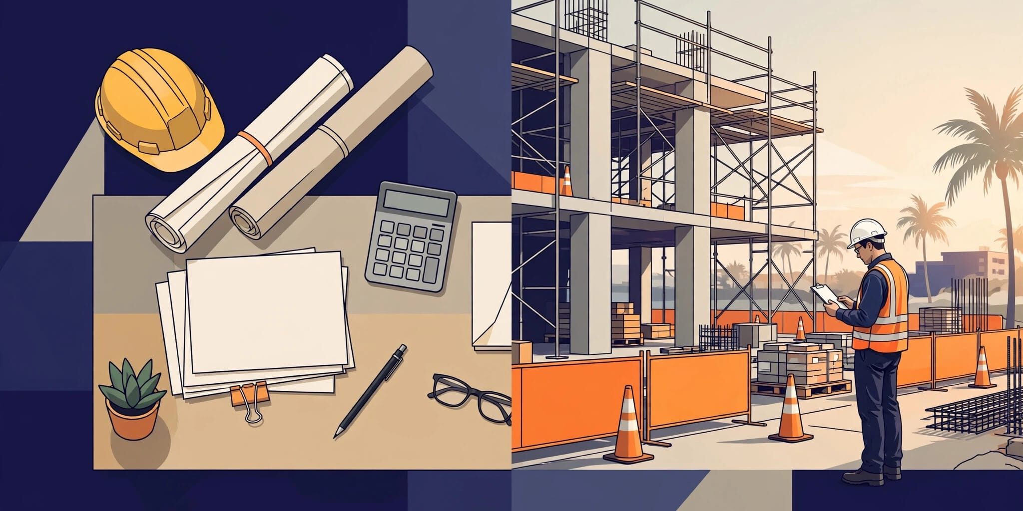 A project manager reviews plans beside a construction site and contractor’s desk.