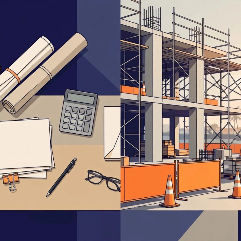 Florida Construction Management A project manager reviews plans beside a construction site and contractor’s desk.