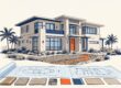 Contemporary Florida home with palm trees, drainage landscaping, and blueprints in front.
