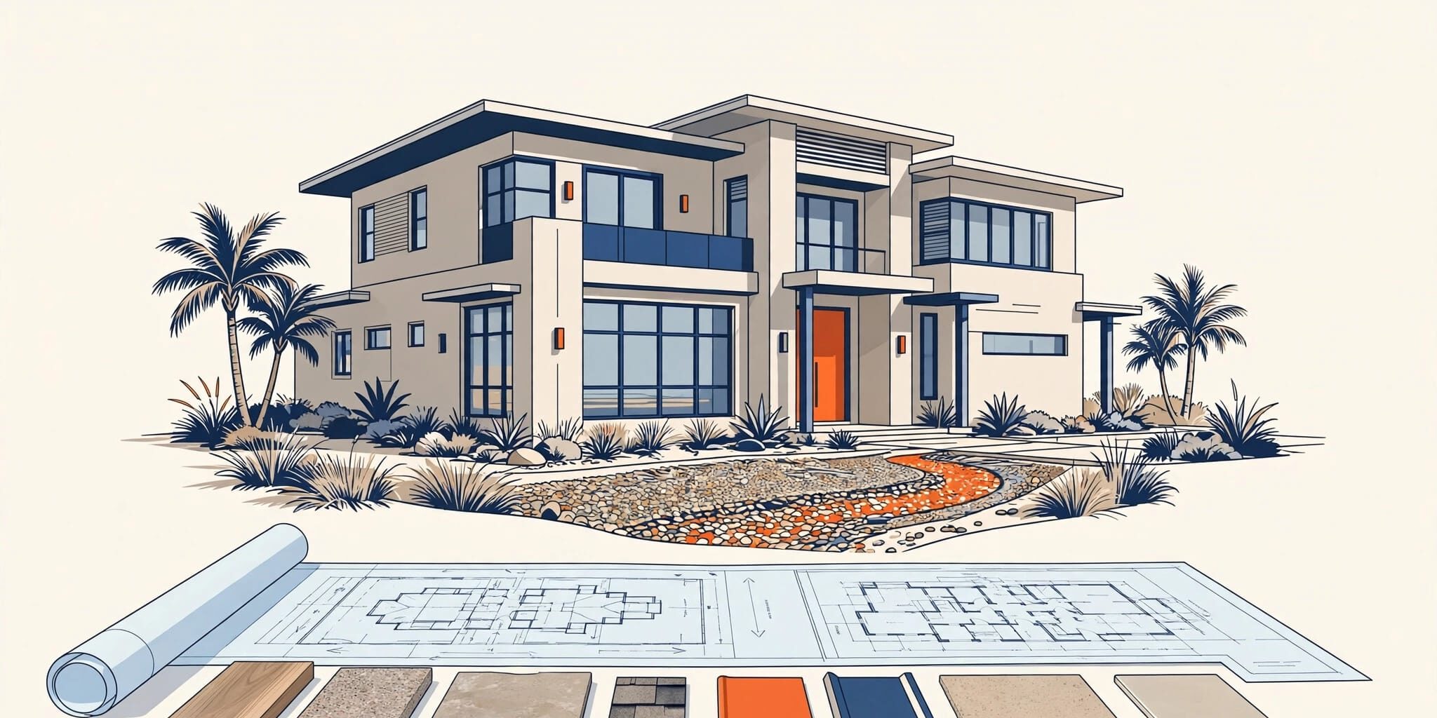Contemporary Florida home with palm trees, drainage landscaping, and blueprints in front.