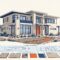 Contemporary Florida home with palm trees, drainage landscaping, and blueprints in front.
