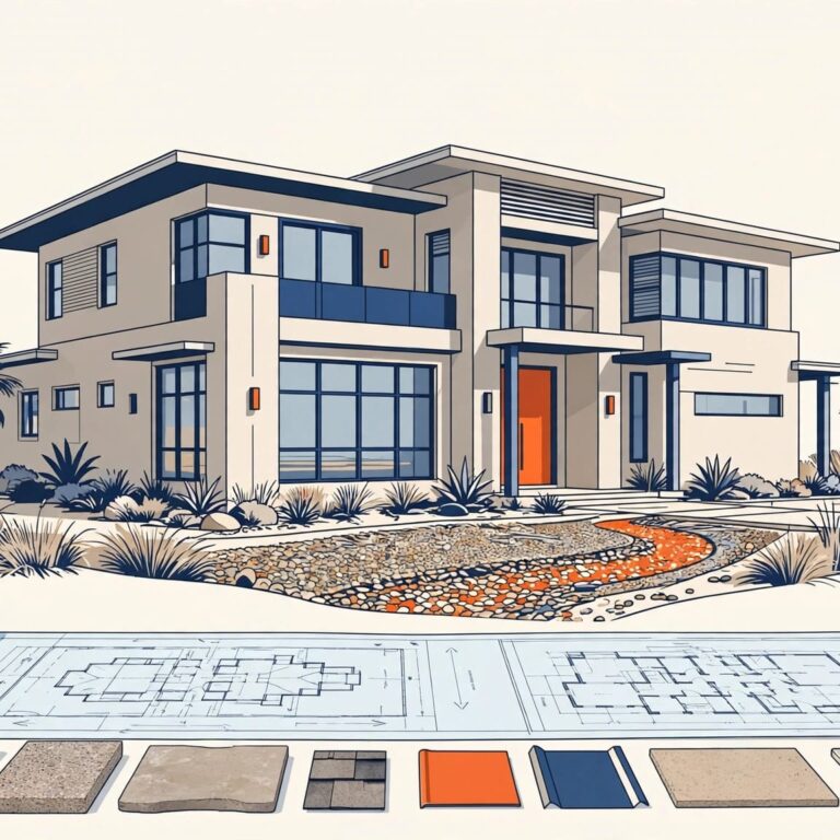 Southwest Florida Home Design Contemporary Florida home with palm trees, drainage landscaping, and blueprints in front.