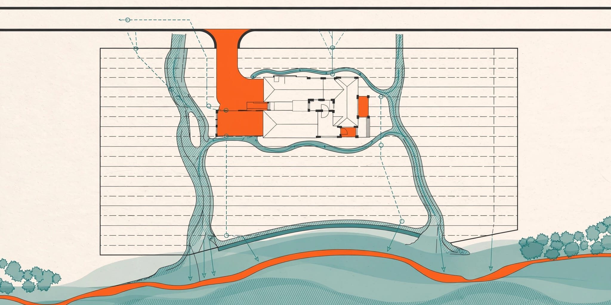 Southwest Florida Site Plan Overhead site plan showing a Florida home lot, driveway, drainage, utilities, and flood-zone edge.