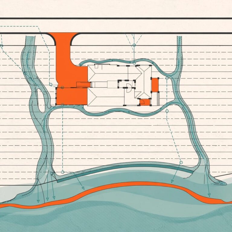 Southwest Florida Site Plan Overhead site plan showing a Florida home lot, driveway, drainage, utilities, and flood-zone edge.