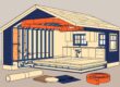 Cutaway view of a new home showing insulation, wiring, plumbing, and a finished kitchen.