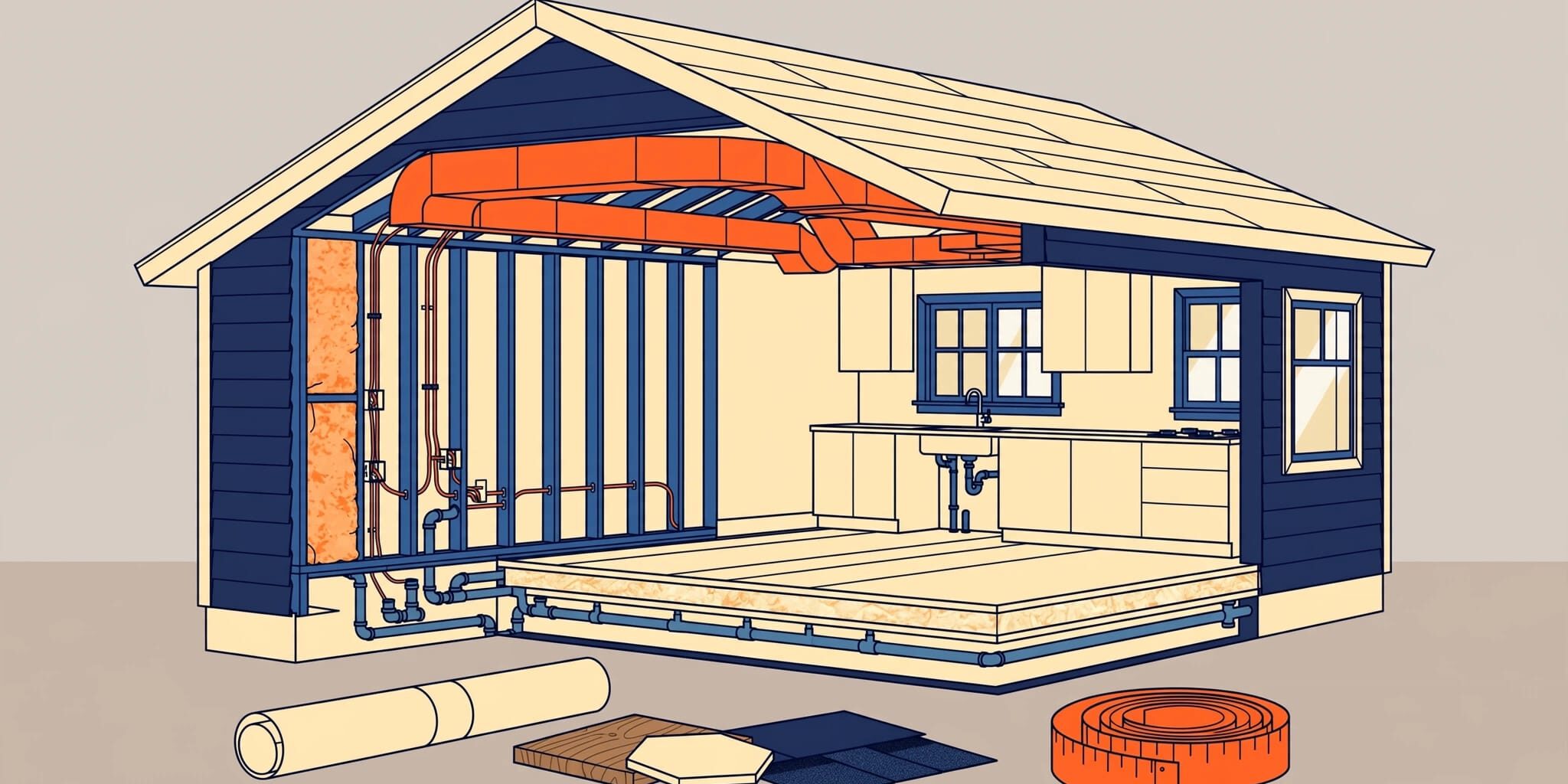 Suburban Home Cutaway Cutaway view of a new home showing insulation, wiring, plumbing, and a finished kitchen.