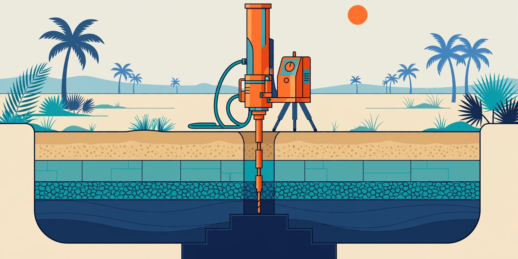 Southwest Florida Soil Survey Cross-section showing soil testing equipment and a planned foundation beneath a sunny Florida lot.