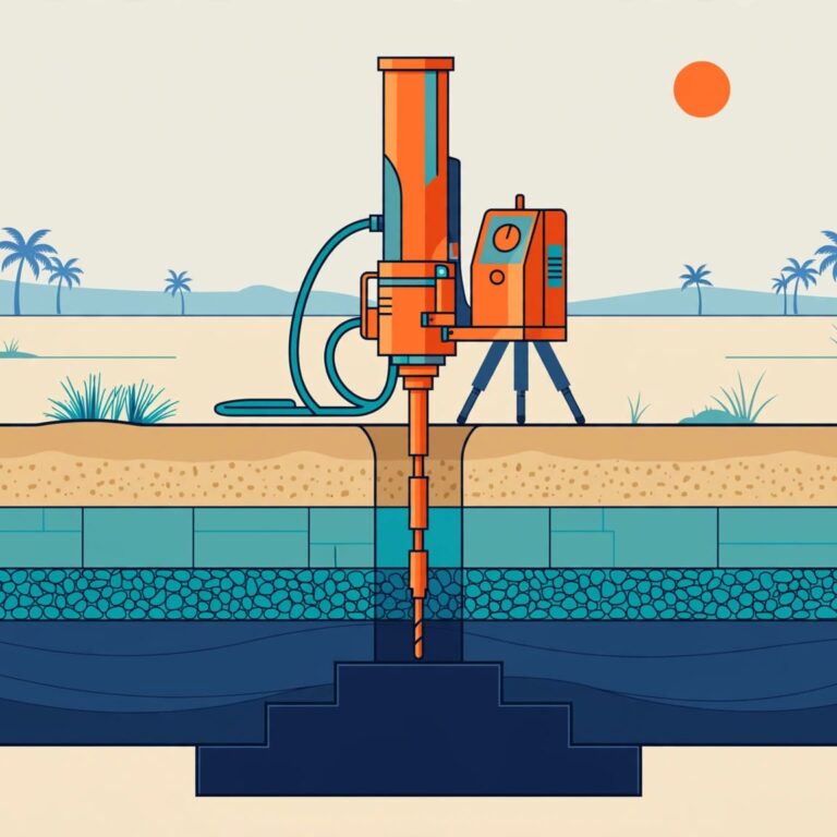 Southwest Florida Soil Survey Cross-section showing soil testing equipment and a planned foundation beneath a sunny Florida lot.