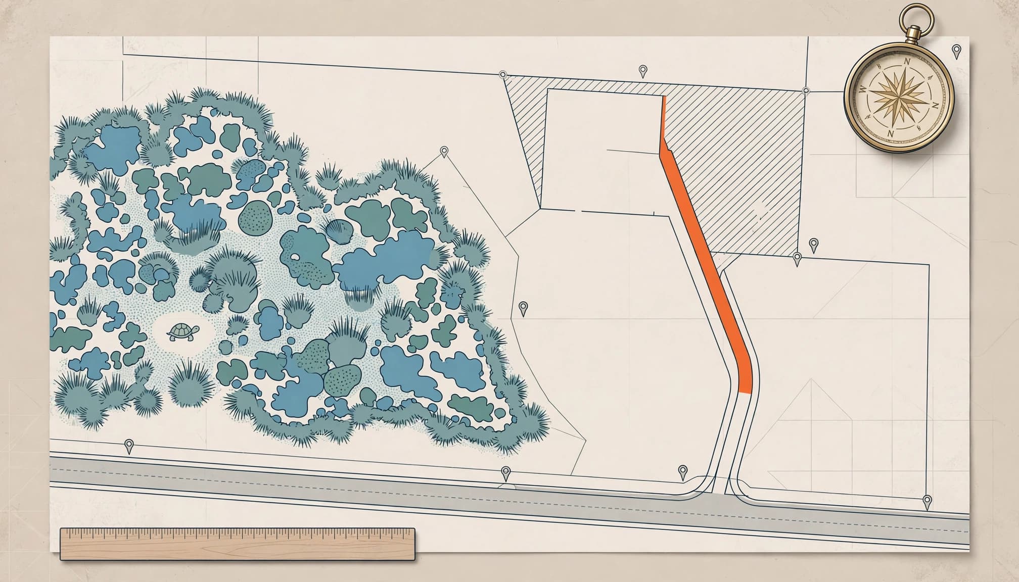 Florida lot access: illustrated site map with wetlands, a tortoise habitat symbol, compass, ruler, and orange road route.