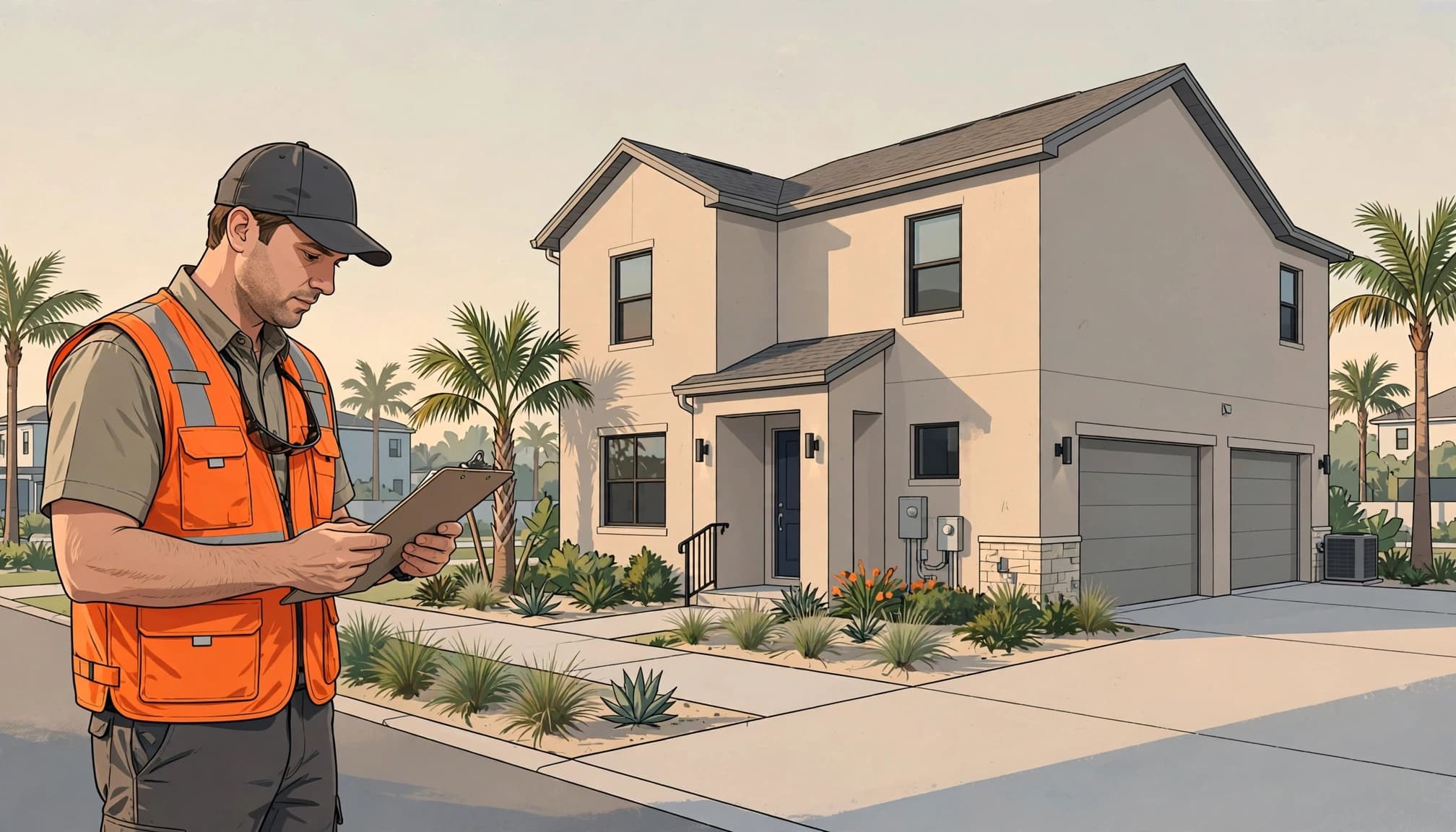 General contractor project manager reviewing a finished duplex exterior with a clipboard.