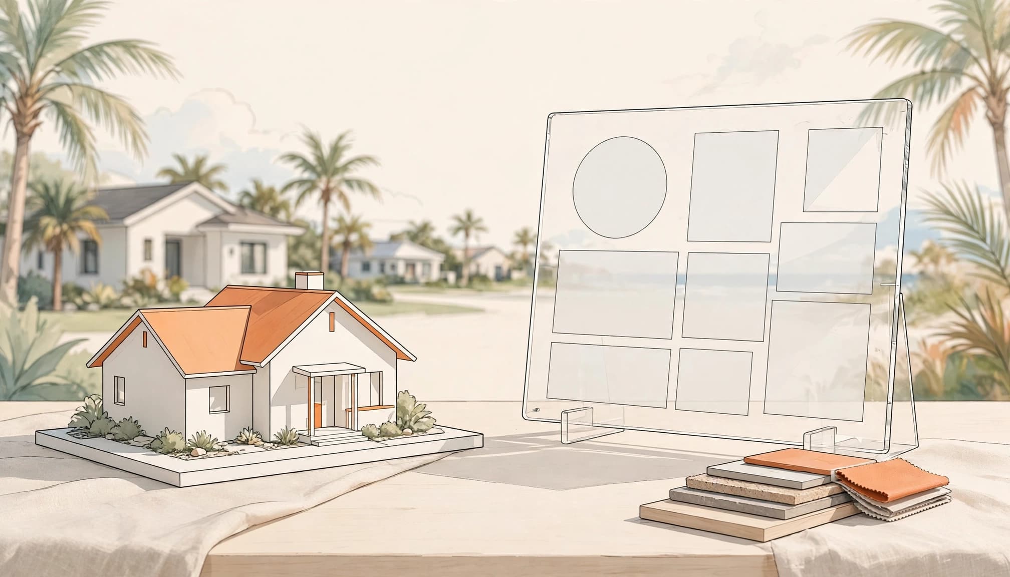 A house model and blank budget board sit beside finish samples on a sunny table.
