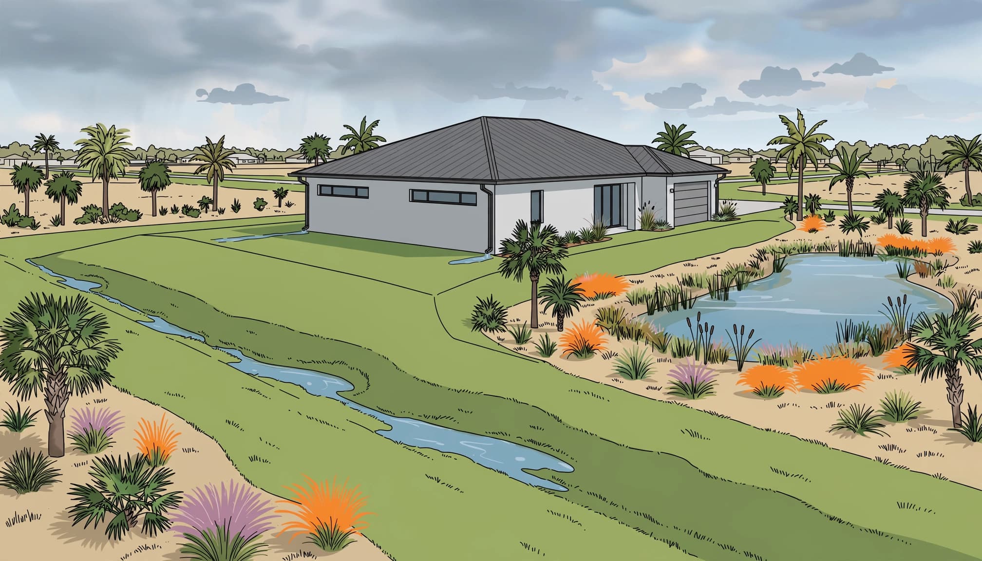 A Florida home with a graded lawn, drainage swale, gutters, and retention area.
