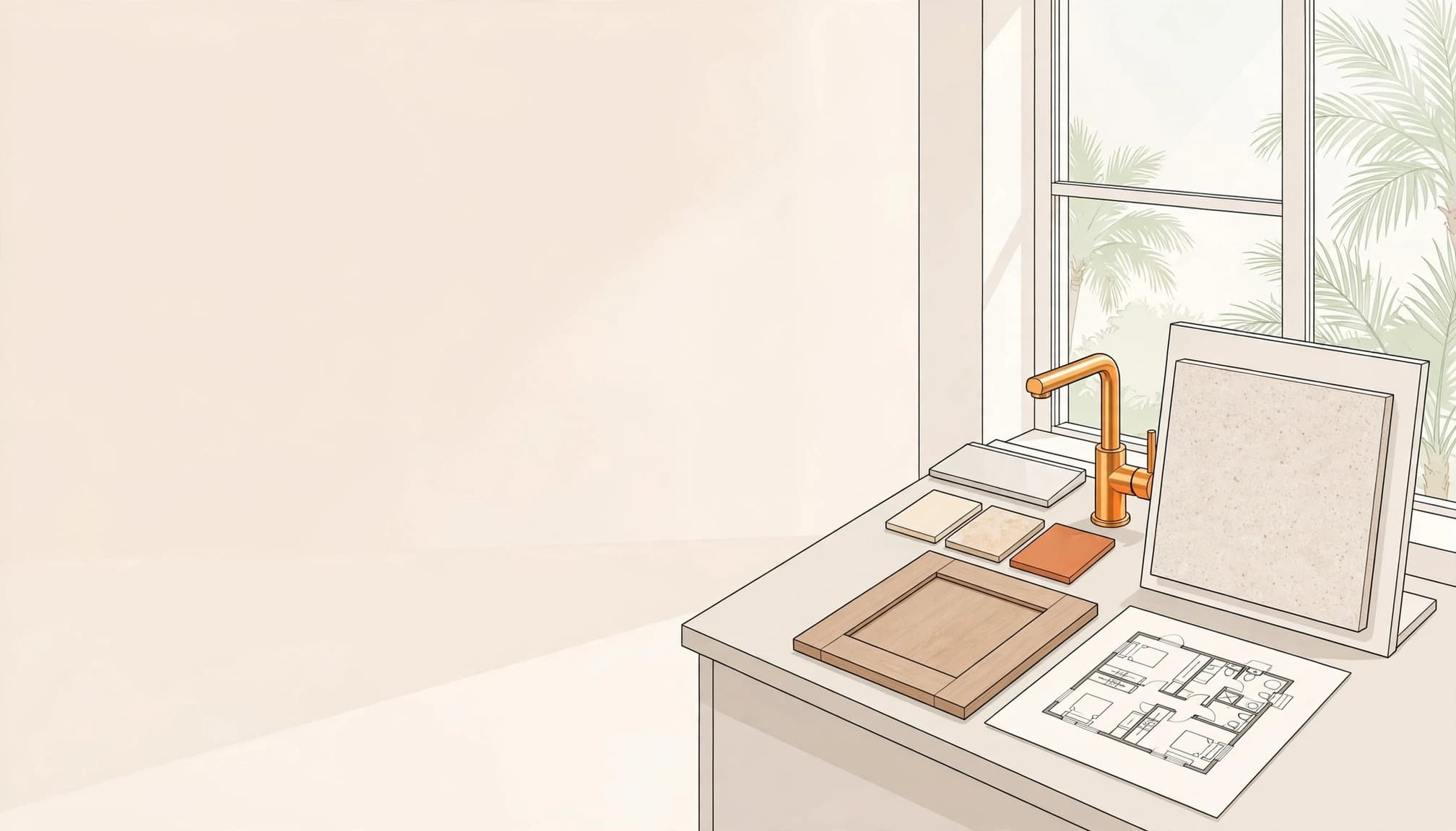 Florida construction allowances illustrated by finish samples and a home plan in a bright design center.