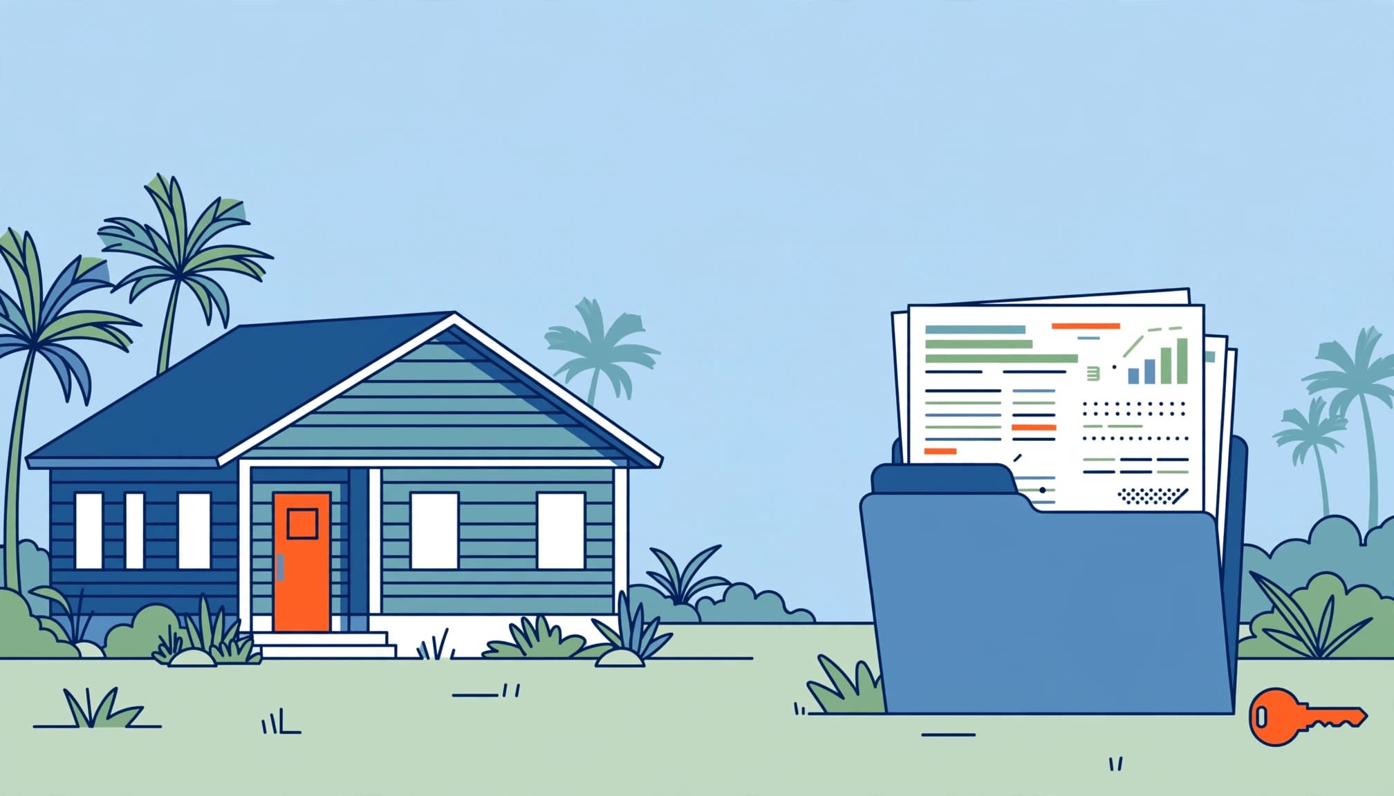 Florida home insurance comparison with a new home, insurance papers, and a house key.