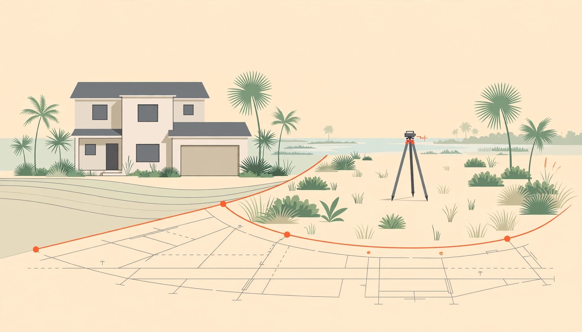 Florida new construction appraisal illustration of a finished home beside a surveyed vacant lot.