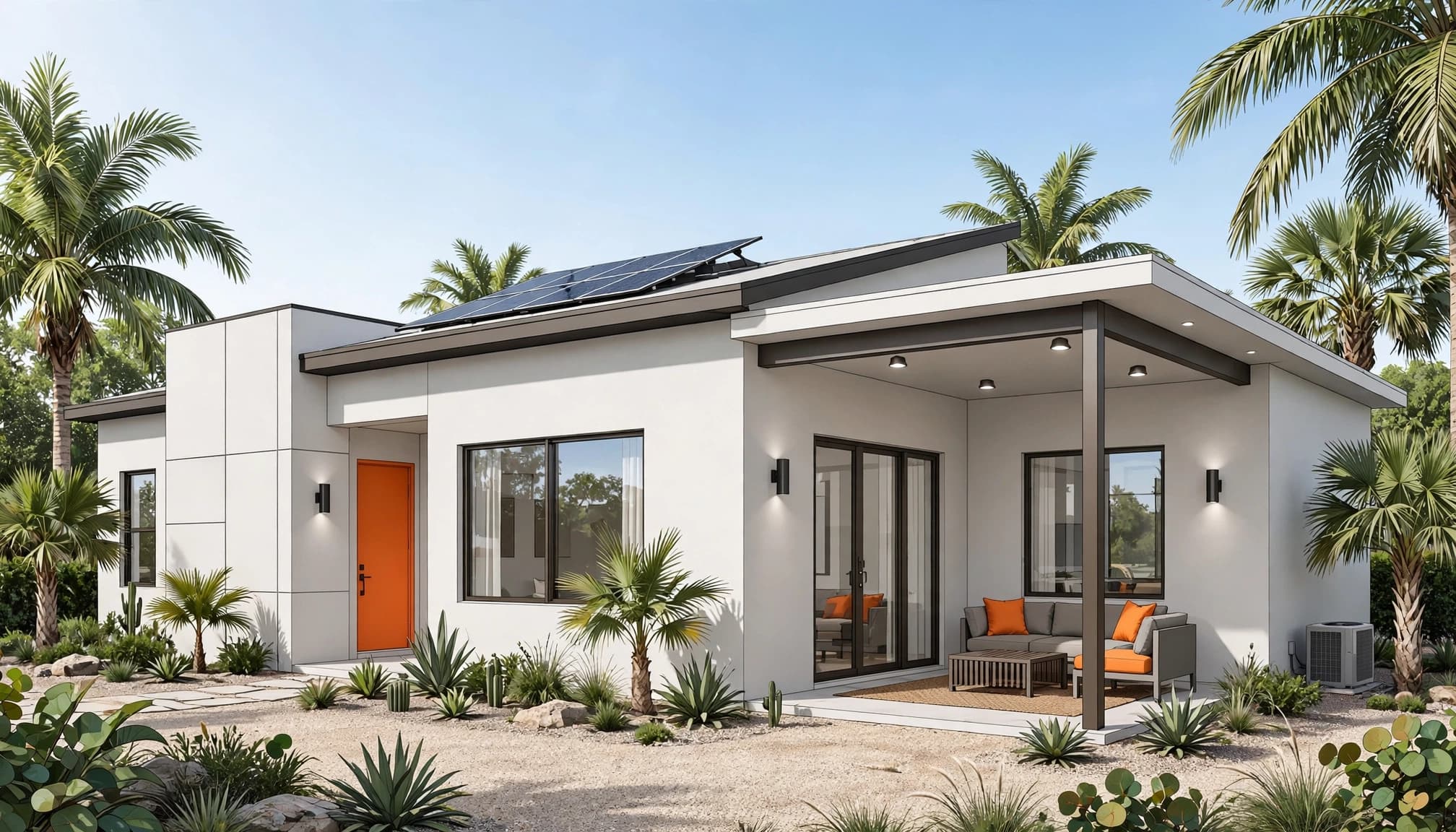 Modern Florida home with solar panels, a covered patio, palms, and a heat pump.
