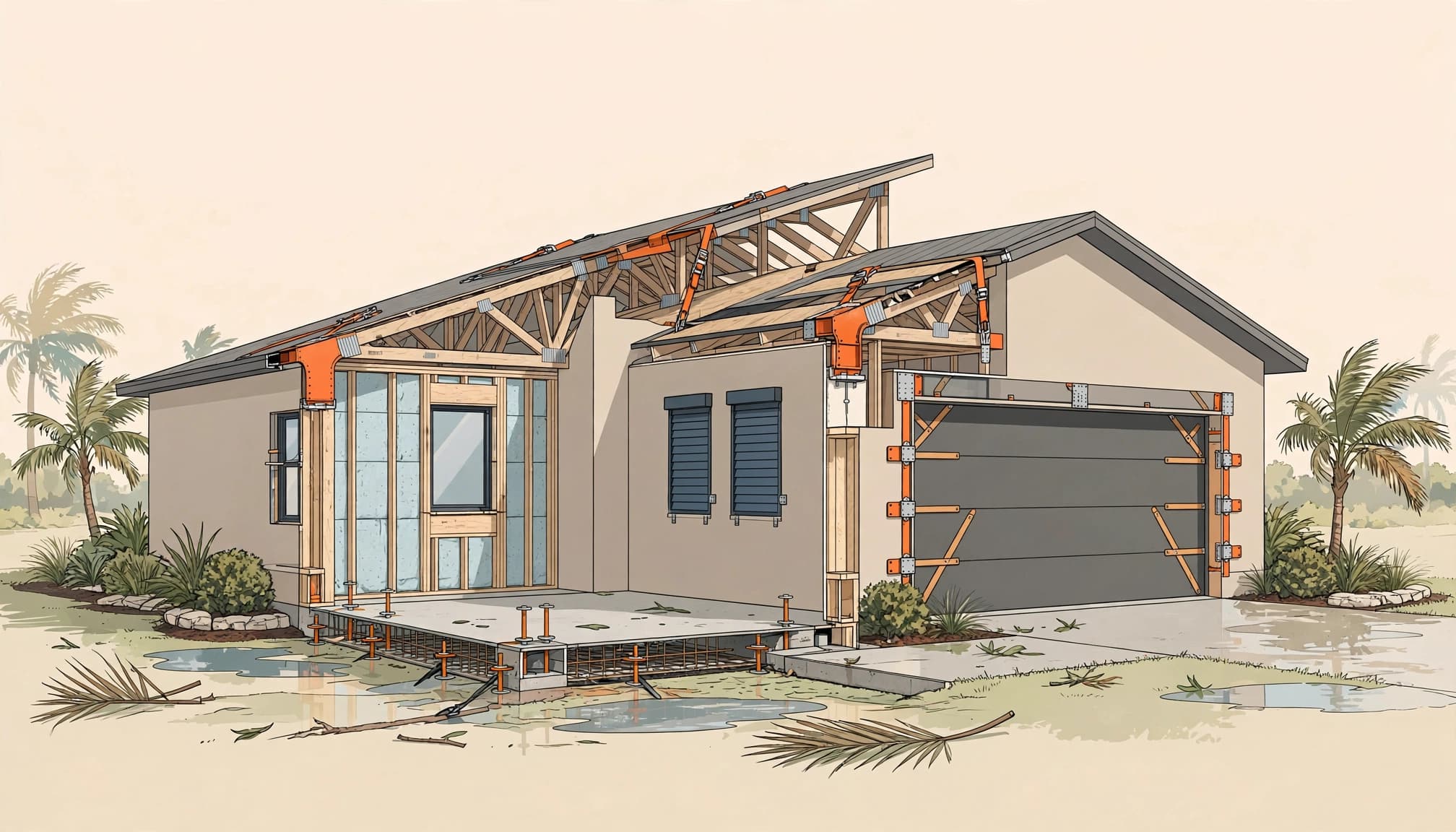 Cutaway Florida home showing storm-resistant windows, roof connections, garage door, and foundation anchors.