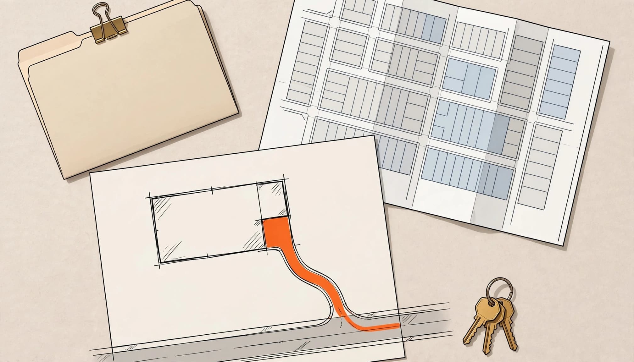 Florida lot access: deed, plat map, key ring, and orange access route arranged on a closing table.
