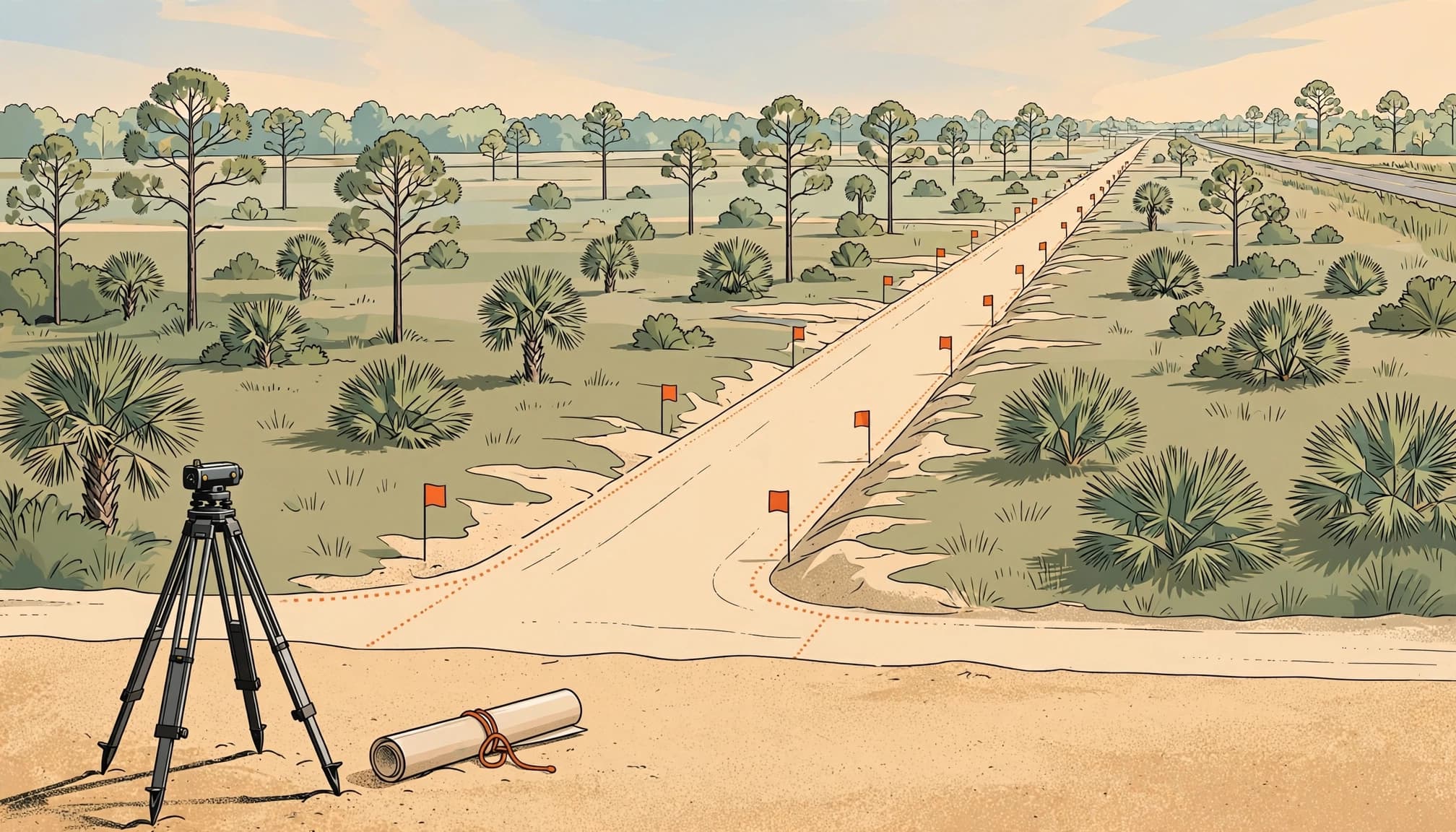 Florida lot access: a sandy Florida lot has a marked access route, survey tripod, rolled plan, palmettos, and pine trees.
