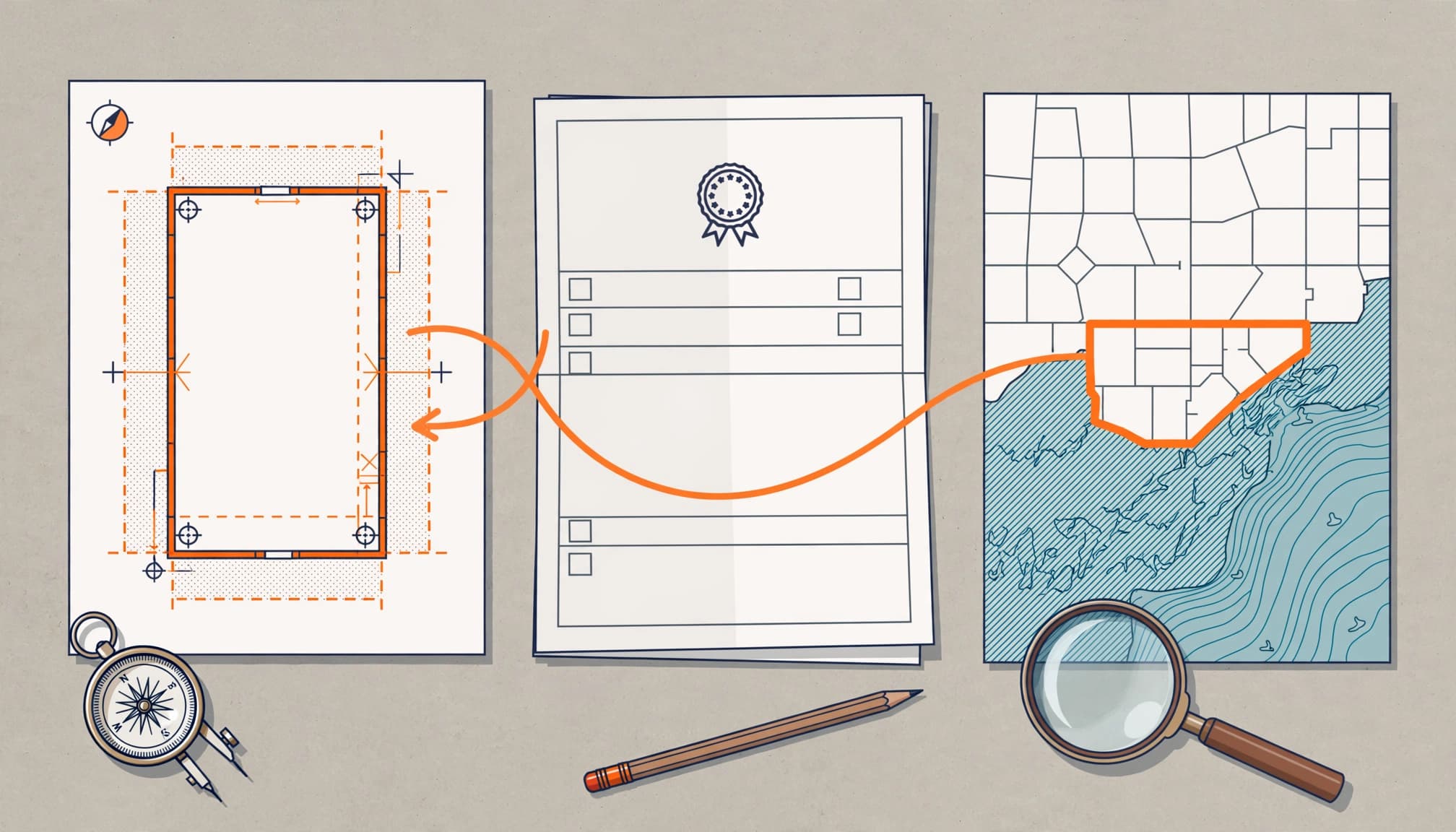 Survey, deed, and plat documents compare a lot's boundaries, setbacks, wetlands, and flood areas.